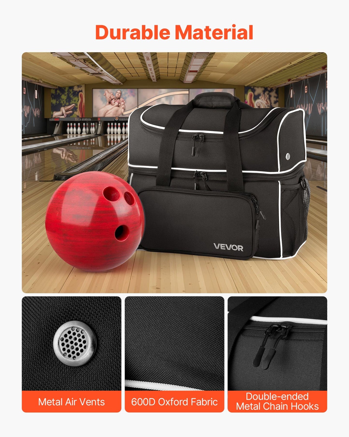 Bowlingväska för 2 bollar, fyra rullar och hjul, med separat fack för skor (upp till US-storlek 16) och extra stor tillbehörsficka, utdragbart handtag som kan förlängas till 950 mm