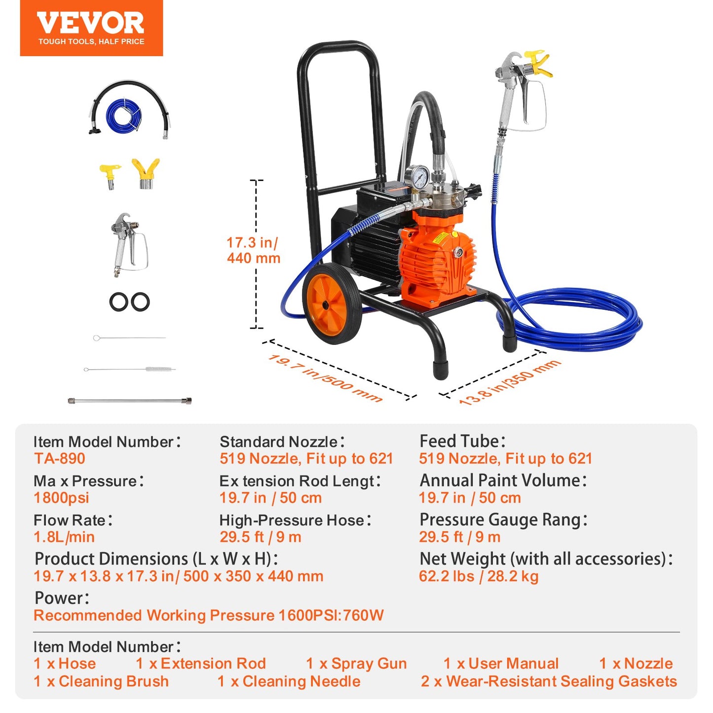 Membranspruta med högtrycksmotor, 900 W effektivitetsvagn med högtrycksmotor, 1800 psi högtrycksspruta med högtrycksmotor, med förlängningsstång, för sprutning inomhus och utomhus