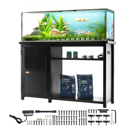 Akvariestativ, 240 liters akvariestativ, 132 x 59 x 81 cm stål- och MDF-sköldpaddsstativ, 280 kg lastkapacitet, reptilakvariestativ med förvaringsskåp och inbyggd strömpanel, svart