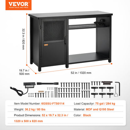 Akvariestativ, 240 liters akvariestativ, 132 x 59 x 81 cm stål- och MDF-sköldpaddsstativ, 280 kg lastkapacitet, reptilakvariestativ med förvaringsskåp och inbyggd strömpanel, svart