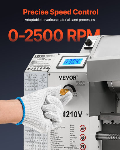 Metallsvarv, 203 x 406 mm (8 x 16 tum), 550 W bänksvarv, 0–2500 varv/min variabel hastighet, med 0,0076 mm (0,0003 tum) spindelnoggrannhet i metallväxel, för bearbetning av precisionsdelar, tumgängor/metriska gängor, mjuka metaller och trä.