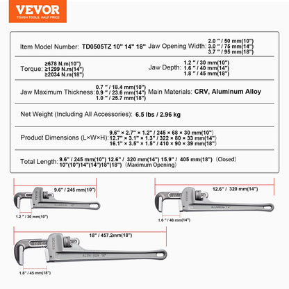 3-Piece Pipe Wrench Set, 10" 14" 18" Aluminum Straight Pipe Wrench, Adjustable Plumbing Wrench, with High Strength Jaw and Ergonomic Handle, Hangable Design, for Water Pipes, Automotive Repairs