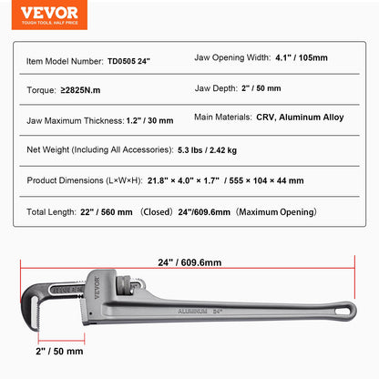 Rörtång, 24" rak rörtång i aluminium, justerbar VVS-nyckel, med höghållfast käft och ergonomiskt handtag, lätt att bära, hängbar design, för vattenrör, bilreparationer