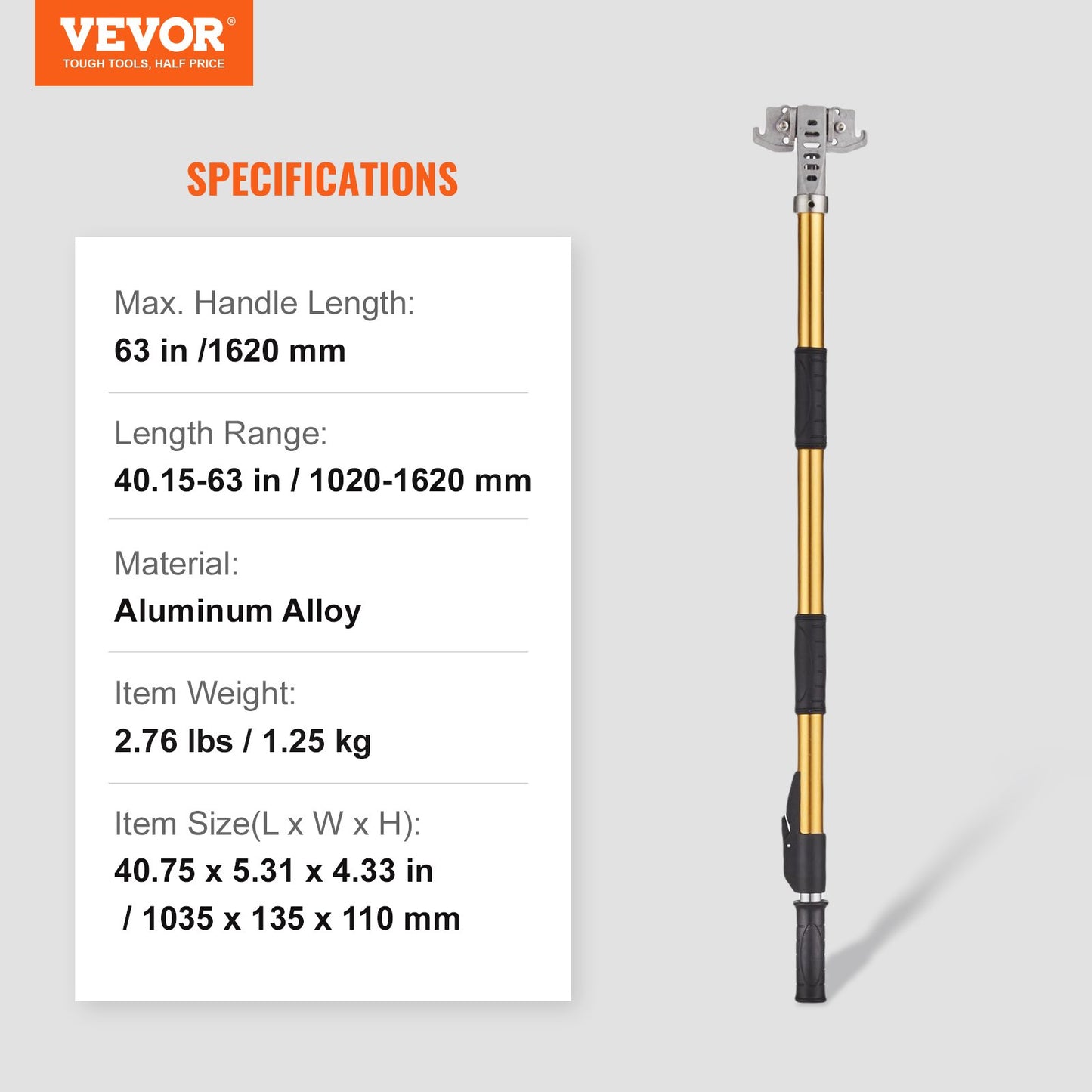 Platt lådhandtag för gipsskivor, 101,6-1950,7 cm, förlängningshandtag i anodiserad aluminium, justerbart i 5 sektioner, halkfritt grepp och 360° målning för gipsskivor, väggskivor och gipsskivor