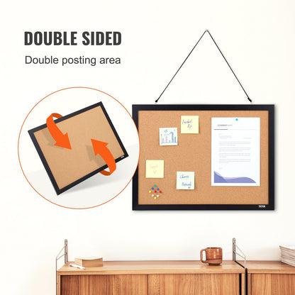 Korktavla, 61 x 43 cm, dubbelsidig anslagstavla med MDF-klistermärkesram, anslagstavla med 10 kartnålar, för visning och dekoration på kontor, hem och skola