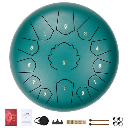 Ståltungtrumma, 12 tum och 13 toner, C-dur ståltrumma för utomhusträdgård, med 2 klubbor och bärväska, handtrumma slagverksinstrument för meditation musikalisk utbildning yoga, grön