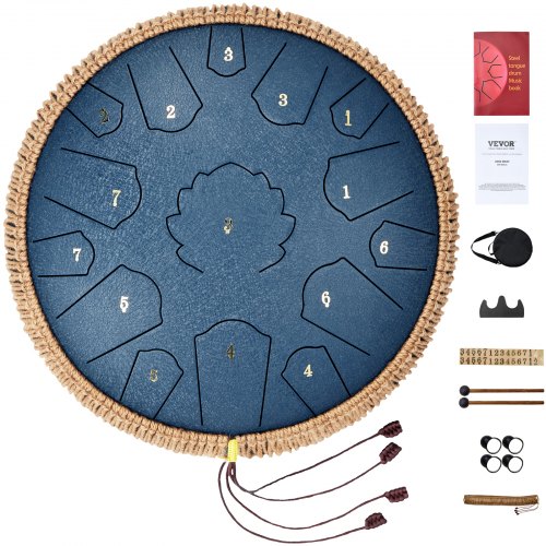 Steel Tongue Drum, 14 in & 15 Notes, Rain Drum for Outside Garden, C Major Key, Tank Drum with 2 Mallets & Carry Bag, Hand Pan Drum Percussion Instrument for Musical Education Yoga, Navy Blue