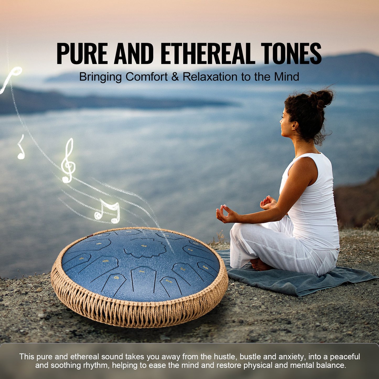 Steel Tongue Drum, 14 in & 15 Notes, Rain Drum for Outside Garden, C Major Key, Tank Drum with 2 Mallets & Carry Bag, Hand Pan Drum Percussion Instrument for Musical Education Yoga, Navy Blue