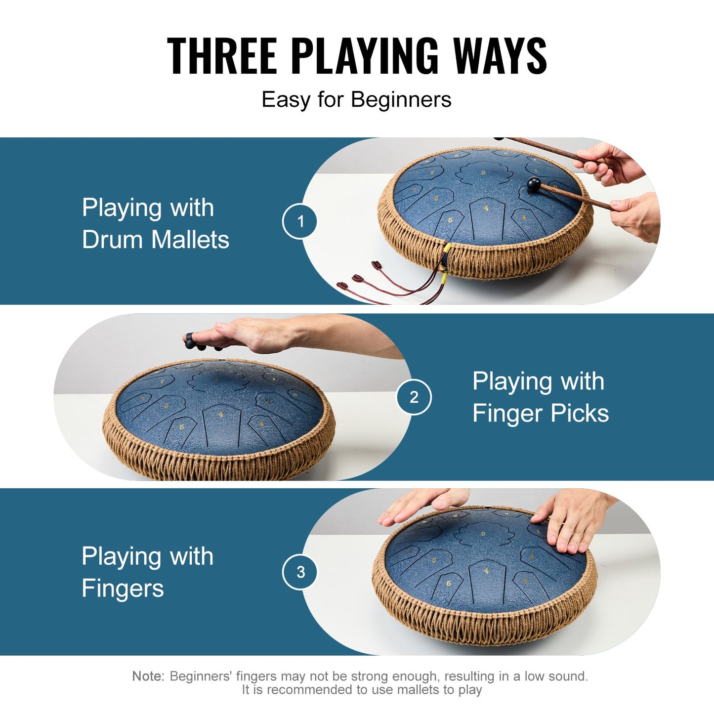 Steel Tongue Drum, 14 in & 15 Notes, Rain Drum for Outside Garden, C Major Key, Tank Drum with 2 Mallets & Carry Bag, Hand Pan Drum Percussion Instrument for Musical Education Yoga, Navy Blue