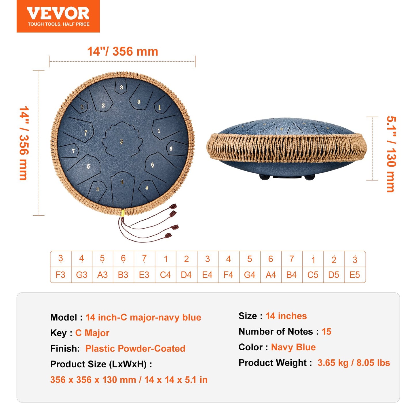 Steel Tongue Drum, 14 in & 15 Notes, Rain Drum for Outside Garden, C Major Key, Tank Drum with 2 Mallets & Carry Bag, Hand Pan Drum Percussion Instrument for Musical Education Yoga, Navy Blue