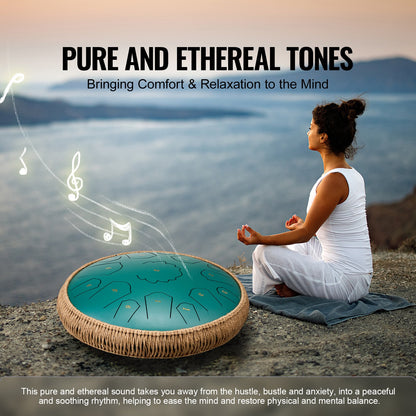 Steel Tongue Drum, 14 in & 15 Notes, Rain Drum for Outside Garden, D Major Key, Tank Drum with 2 Mallets & Carry Bag, Hand Pan Drum Percussion Instrument for Musical Education Yoga, Green