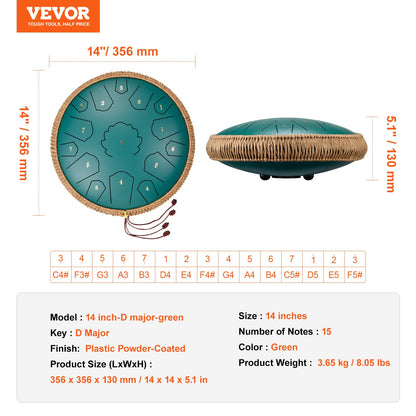 Steel Tongue Drum, 14 in & 15 Notes, Rain Drum for Outside Garden, D Major Key, Tank Drum with 2 Mallets & Carry Bag, Hand Pan Drum Percussion Instrument for Musical Education Yoga, Green