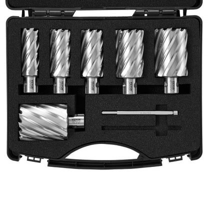Ringformad frässats, 6 st universalskaftsmagnetborrar, 5,1 cm skärdjup, 2,5 till 5,1 cm skärdiameter, M2AL snabbstål, med 2 pilotstift och bärbar väska, för användning med magnetborrar