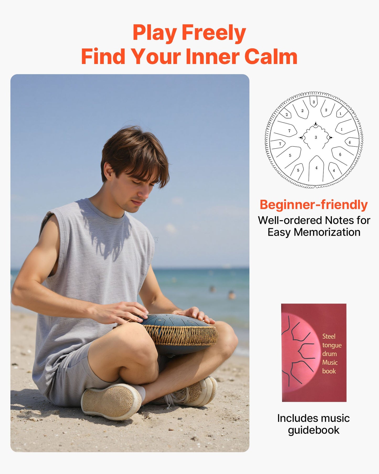 Ståltungtrumma, 33 cm 15-noters regntrumma för trädgården, C-dur musiktrummor med notbok och klubbor, slagverksinstrument för meditation, yoga, nybörjare, musikalisk utbildning, marinblå