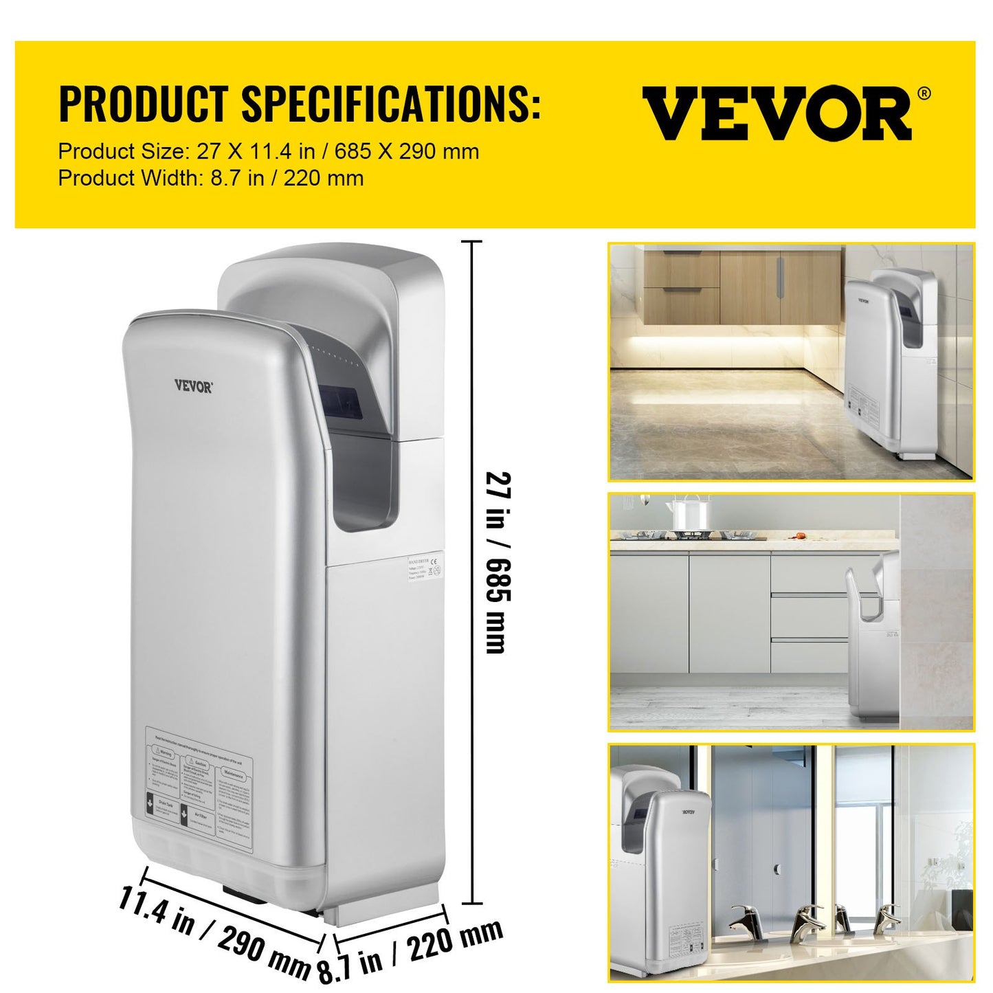 Jethandtork, premium elektrisk kommersiell bladhandtork, ABS lufttork med HEPA-filtrering, väggmonterad handtork, 2000W 220V vertikal handtork, höghastighetsautomatik infraröd silverfärgad