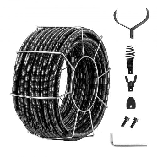 Avloppsrensningskabel 100 FT x 3/4 tum, solid kärna i stål med 4 avbitartänger för 3,9" till 7,9" rör, professionell avloppsrensningskabel med inre kärna för handfat, golvbrunn, toalett