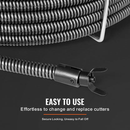 Avloppsrensningskabel 100 FT x 3/4 tum, solid kärna i stål med 4 avbitartänger för 3,9" till 7,9" rör, professionell avloppsrensningskabel med inre kärna för handfat, golvbrunn, toalett