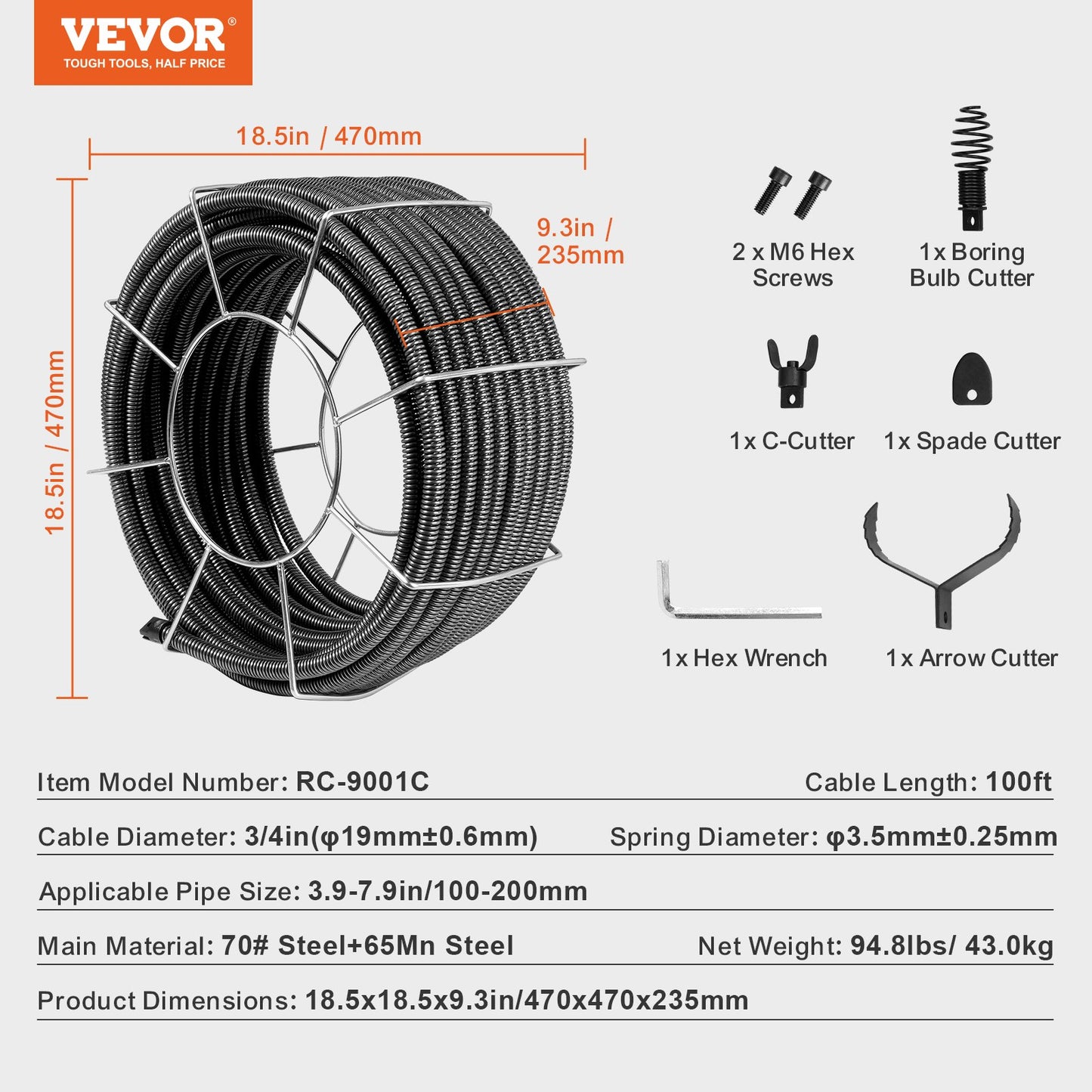 Avloppsrensningskabel 100 FT x 3/4 tum, solid kärna i stål med 4 avbitartänger för 3,9" till 7,9" rör, professionell avloppsrensningskabel med inre kärna för handfat, golvbrunn, toalett