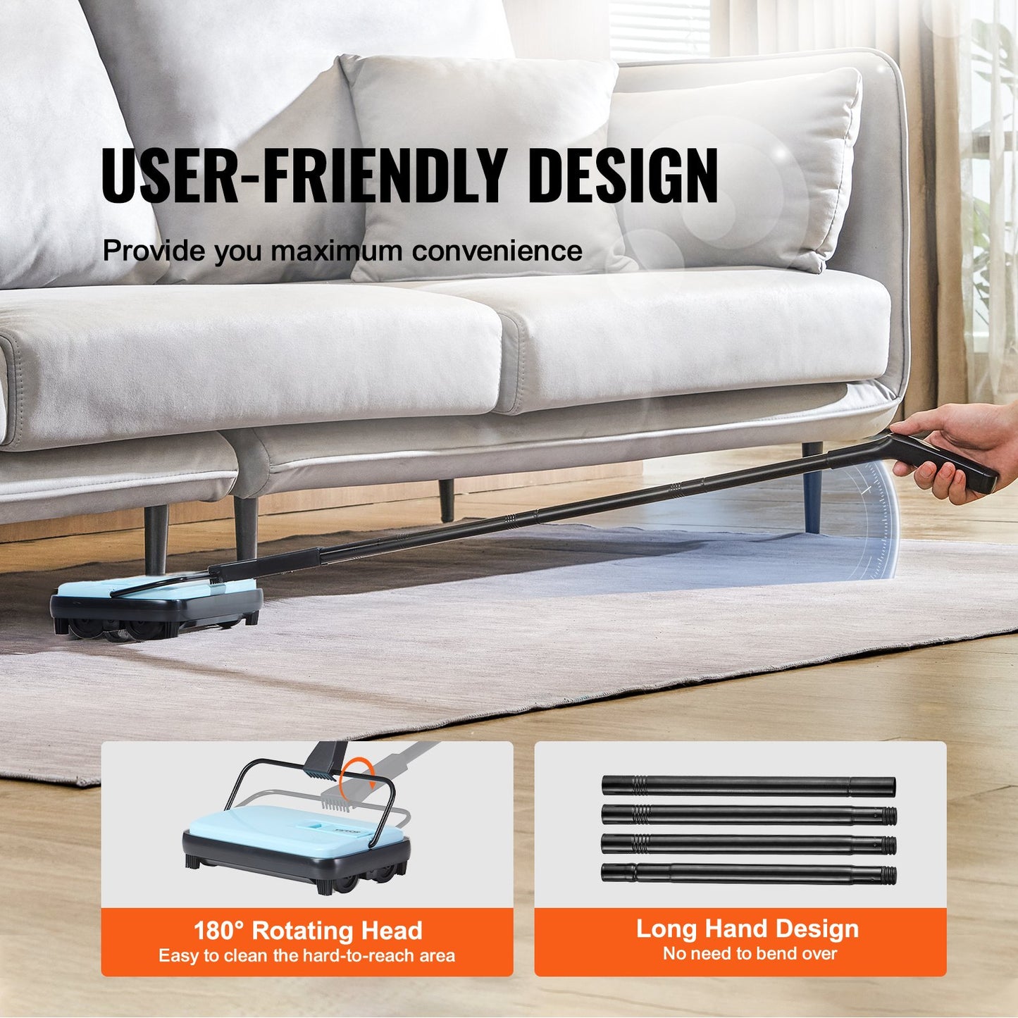 Manuell mattsopmaskin, golvsopmaskin med 300 ml soptunnekapacitet, lätt att tömma, 17 cm rengöringsbredd för hemmakontorsmattor, djurhårsdamm, blå