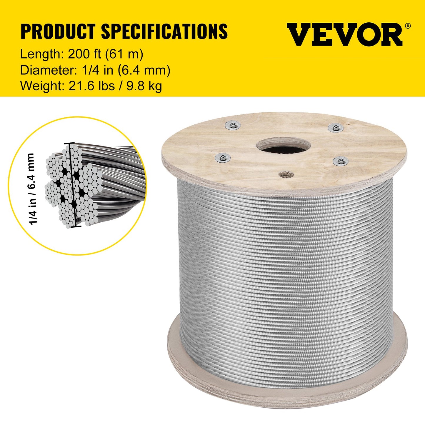 1/4" Stainless Steel Cable 200FT, T304 7x19 Tighter Core Cable Railing System Wire Rope Aircraft Deck Railing Kit Fence Wire