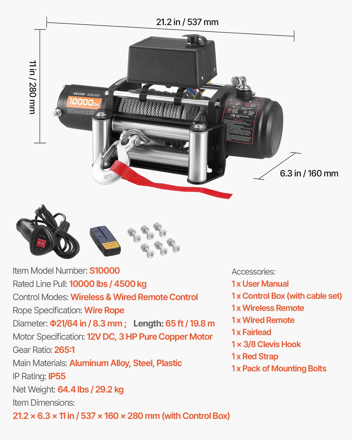 Elektrisk vinsch, 4500 kg lastkapacitet, 12V DC lastbilsvinsch med Φ8,3 mm x 19,8 m stålvapen, trådlös och trådbunden fjärrkontroll, IP55 vattentät för bogsering av SUV, Jeep, släpvagn, båt, terrängfordon