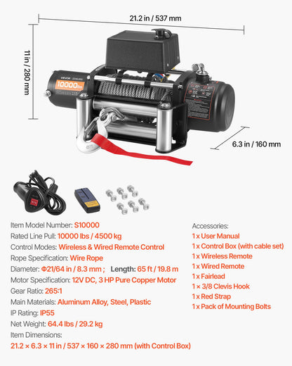 Elektrisk vinsch, 4500 kg lastkapacitet, 12V DC lastbilsvinsch med Φ8,3 mm x 19,8 m stålvapen, trådlös och trådbunden fjärrkontroll, IP55 vattentät för bogsering av SUV, Jeep, släpvagn, båt, terrängfordon