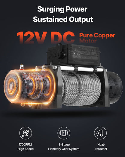 Elektrisk vinsch, 6100 kg lastkapacitet, 12V DC lastbilsvinsch med Φ9,5 mm x 24 m stålvapen, trådlös och trådbunden fjärrkontroll, IP55 vattentät för bogsering av SUV, Jeep, släpvagn, båt, terrängfordon