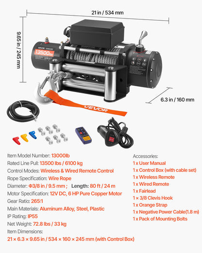 Elektrisk vinsch, 6100 kg lastkapacitet, 12V DC lastbilsvinsch med Φ9,5 mm x 24 m stålvapen, trådlös och trådbunden fjärrkontroll, IP55 vattentät för bogsering av SUV, Jeep, släpvagn, båt, terrängfordon