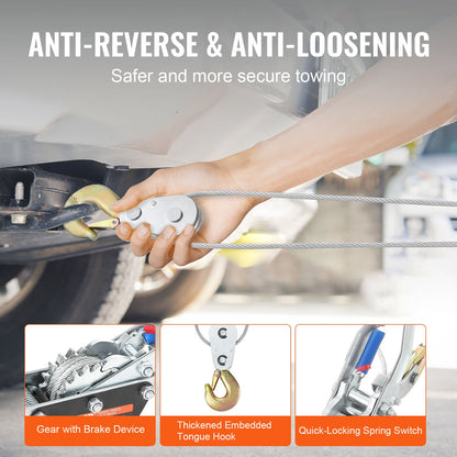 Vinsch med Come Along, 5 ton (5 000 kg) dragkapacitet, 3,5 m stålvajer, 3 krokar, kraftig spärrhake med dubbla växlar, kabeldragare för fordon, idealisk för fordonsräddning