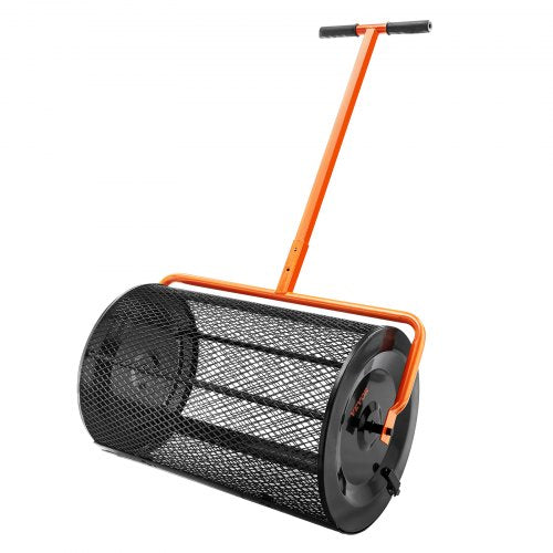 Kompostspridare, 61-68 cm höjdjusterbart handtag, 61 cm brett, torvvält för gräsmatta och trädgård med sidospärrar, pulverlackerad stålkorg för spridning av gödsel, matjord, svart