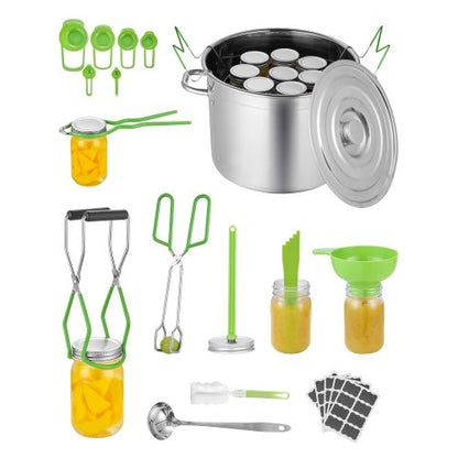 Startpaket för konserveringstillbehör, 11 delar konserveringskit i rostfritt stål för vattenbad för nybörjare, konserveringsverktygsset: kastrull, ställ, lock, slev, tratt, tång, burklyftare, skiftnyckel, måttkopp