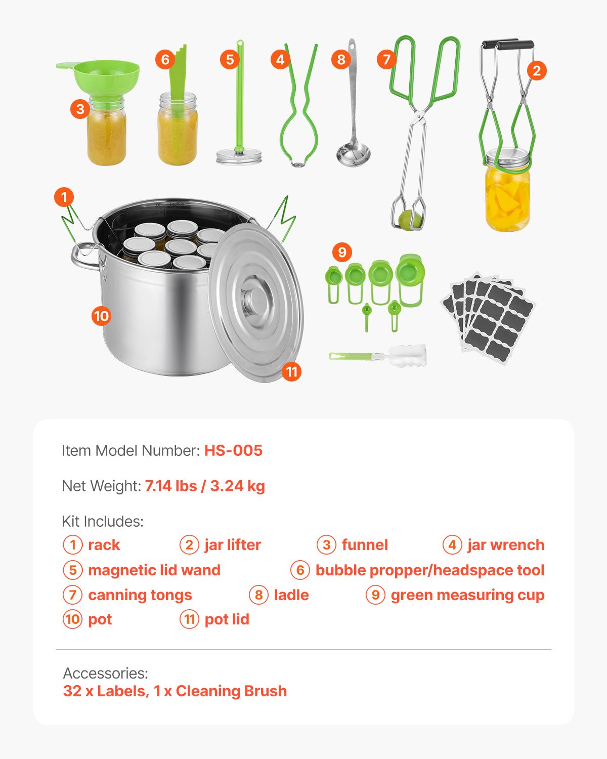 Startpaket för konserveringstillbehör, 11 delar konserveringskit i rostfritt stål för vattenbad för nybörjare, konserveringsverktygsset: kastrull, ställ, lock, slev, tratt, tång, burklyftare, skiftnyckel, måttkopp