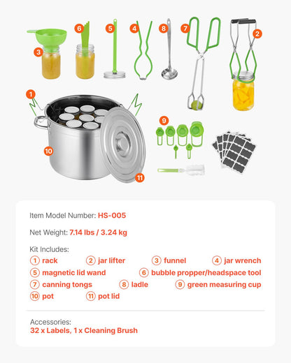Startpaket för konserveringstillbehör, 11 delar konserveringskit i rostfritt stål för vattenbad för nybörjare, konserveringsverktygsset: kastrull, ställ, lock, slev, tratt, tång, burklyftare, skiftnyckel, måttkopp