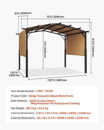 10 x 10 fot utomhuspergola, metallpergola med välvd topp, infällbar pergola med solskydd, stor uteplatspaviljong, kraftig trädgårdspergola för altan, bakgård, veranda, pool