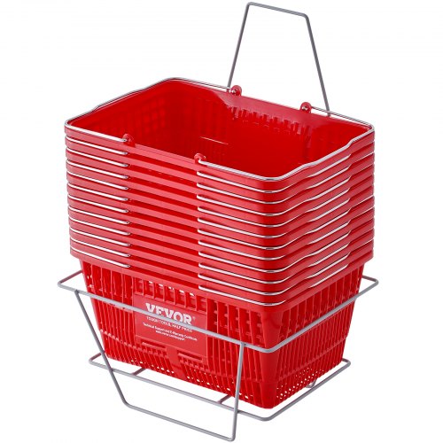 Kundkorg, set om 12, 21 liters hållbar plastmatkorg med metallhandtag och stativ, 16,73 x 12,01 x 8,58 tum bärbar varukorg som används för butik, stormarknad, matinköp, röd