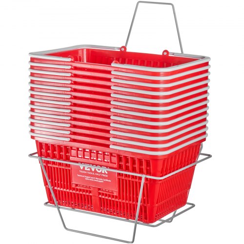 Kundkorg, set om 12, 21 liters hållbar plastmatkorg med handtag och stativ, 16,5 x 11,8 x 8,27 tum, bärbar varukorg, bulk, används för butik, stormarknad, matinköp, röd