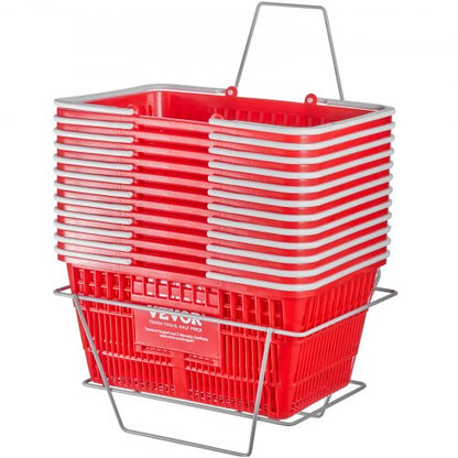 Kundkorg, set om 12, 21 liters hållbar plastmatkorg med handtag och stativ, 16,5 x 11,8 x 8,27 tum, bärbar varukorg, bulk, används för butik, stormarknad, matinköp, röd