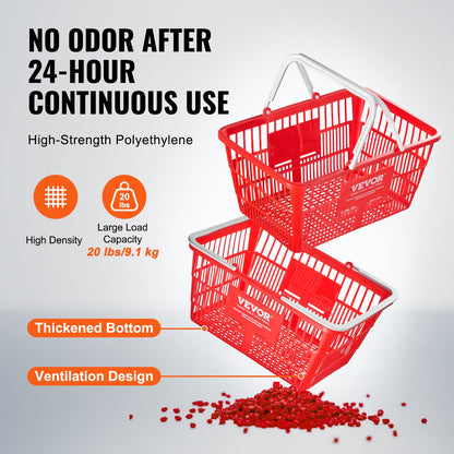 Kundkorg, set om 12, 21 liters hållbar plastmatkorg med handtag och stativ, 16,5 x 11,8 x 8,27 tum, bärbar varukorg, bulk, används för butik, stormarknad, matinköp, röd