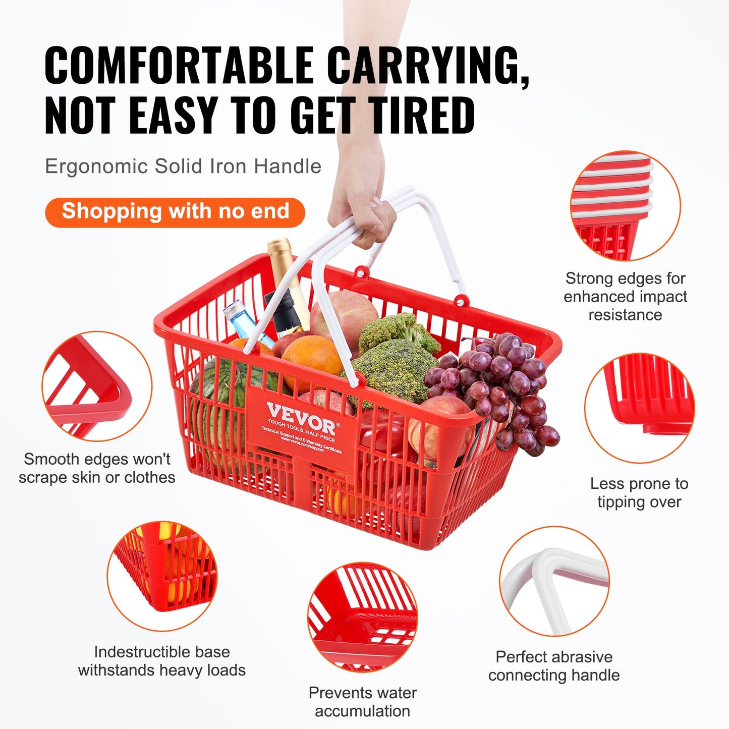 Kundkorg, set om 12, 21 liters hållbar plastmatkorg med handtag och stativ, 16,5 x 11,8 x 8,27 tum, bärbar varukorg, bulk, används för butik, stormarknad, matinköp, röd