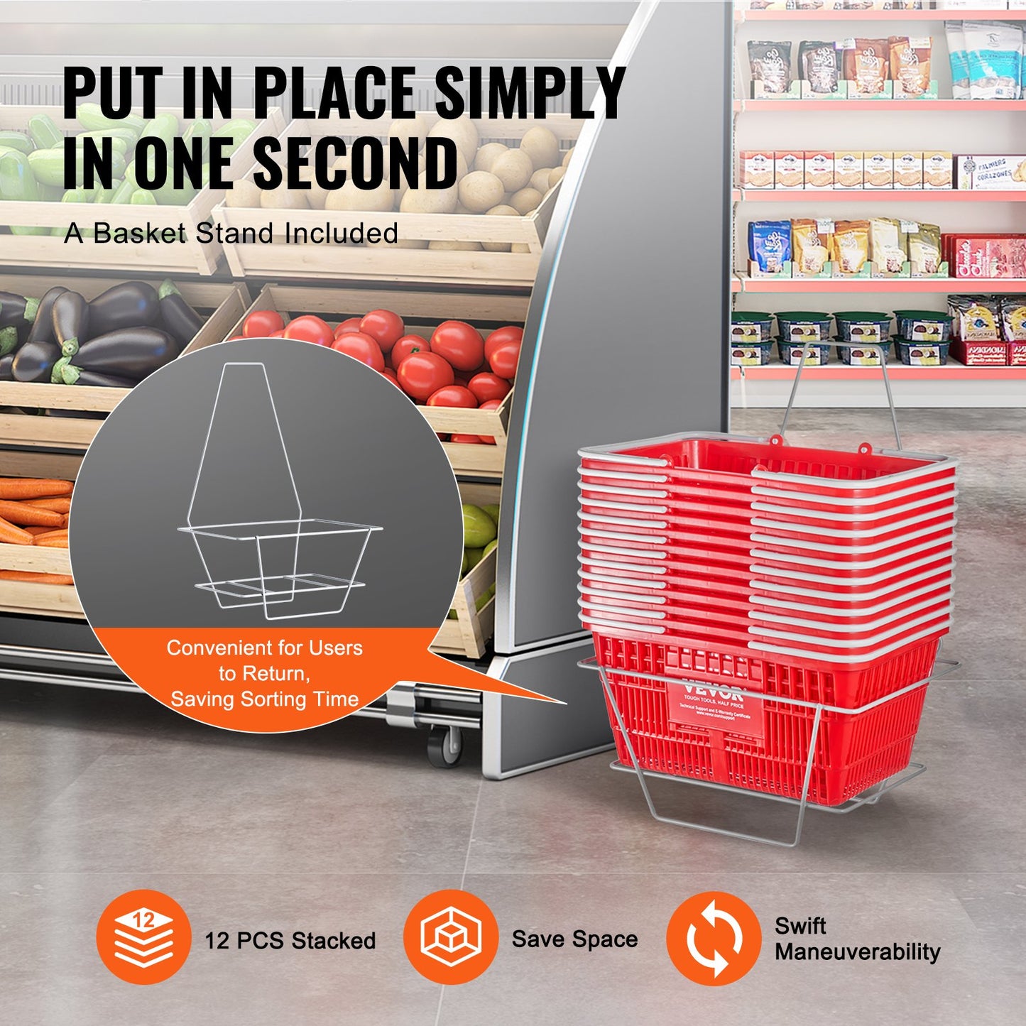 Kundkorg, set om 12, 21 liters hållbar plastmatkorg med handtag och stativ, 16,5 x 11,8 x 8,27 tum, bärbar varukorg, bulk, används för butik, stormarknad, matinköp, röd