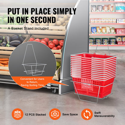 Kundkorg, set om 12, 21 liters hållbar plastmatkorg med handtag och stativ, 16,5 x 11,8 x 8,27 tum, bärbar varukorg, bulk, används för butik, stormarknad, matinköp, röd