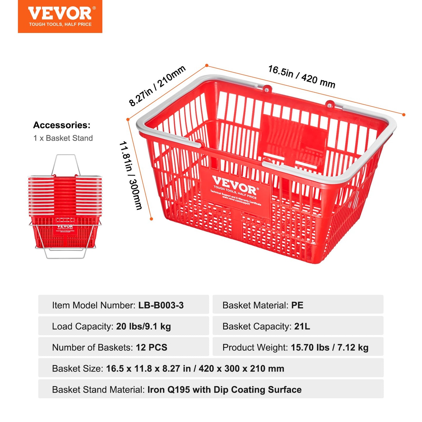 Kundkorg, set om 12, 21 liters hållbar plastmatkorg med handtag och stativ, 16,5 x 11,8 x 8,27 tum, bärbar varukorg, bulk, används för butik, stormarknad, matinköp, röd