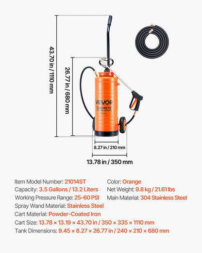 Industriell betongspruta med hjulvagn, 14L spruta i rostfritt stål, kraftiga trippelsprutor med pump, 52 cm skaft, 1,2m och 3m slangar, 2 mässingsmunstycken för bygg, gräsmatta och trädgård