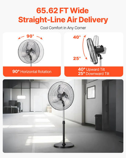 Industriell piedestalfläkt, 20 tums 90-graders oscillerande fläkt, höjdjusterbara stående fläktar med 3 justerbara hastigheter, högpresterande golvfläktar för sovrum, vardagsrum, hem, kontor, svart