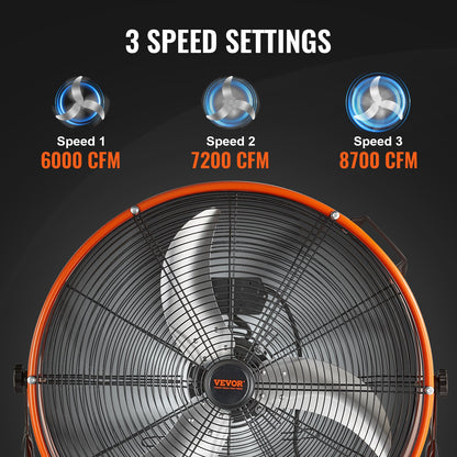 Drum Fan, 24 Inch High Velocity Industrial Shop Fan, Heavy Duty Commercial Use 3-Speed 8600CFM, 360°Adjustable Tilting Industrial Floor Fan for Warehouse,Workshop,Factory, Basement