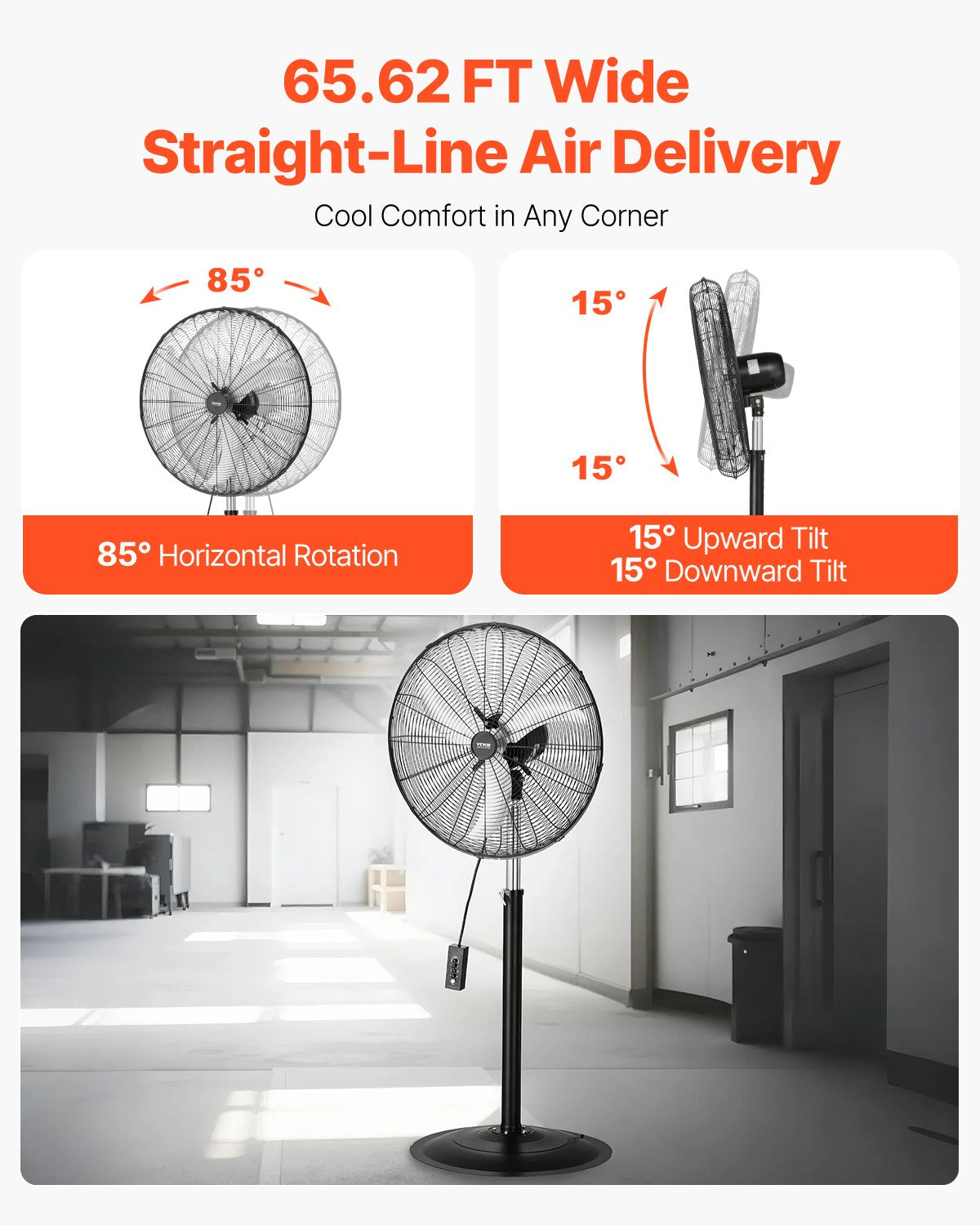Industriell piedestalfläkt, 30 tums 85-graders oscillerande fläkt, höjdjusterbara stående fläktar med 3 justerbara hastigheter, högpresterande golvfläktar för sovrum, vardagsrum, hem, kontor, svart