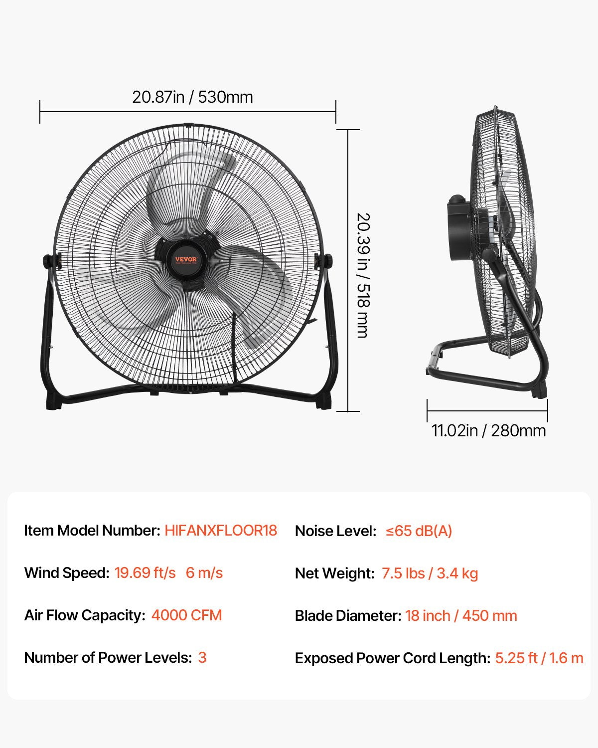 Golvfläkt, 3 hastigheter, hög hastighet, kraftig 18-tums industrifläkt, 4000 CFM, 360° justerbar lutning, 19,69 ft/s luftflöde, stor metallfläkt, för hem, gym, kontor, garage, kommersiell butik och sovrum