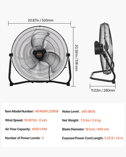 Golvfläkt, 3 hastigheter, hög hastighet, kraftig 18-tums industrifläkt, 4000 CFM, 360° justerbar lutning, 19,69 ft/s luftflöde, stor metallfläkt, för hem, gym, kontor, garage, kommersiell butik och sovrum