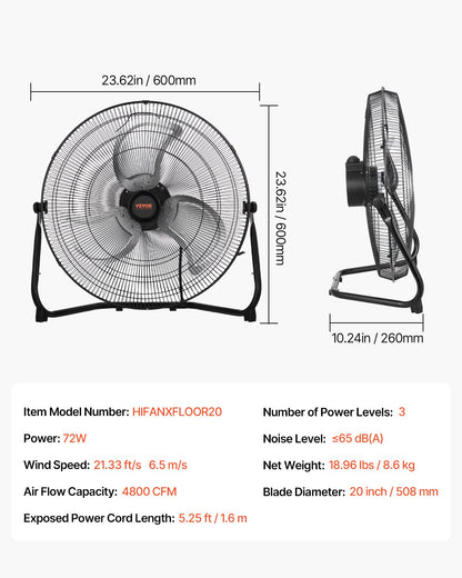 Golvfläkt, 3 hastigheter, hög hastighet, kraftig 20-tums industrifläkt, 4800 CFM, 360° justerbar lutning, 21,33 ft/s luftflöde, stor metallfläkt, för hem, gym, kontor, garage, kommersiell butik och sovrum