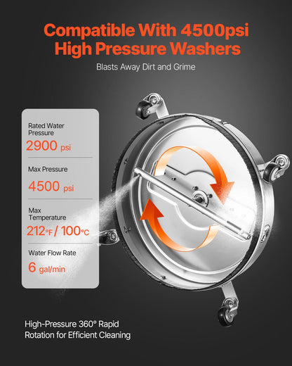 22" Pressure Washer Surface Cleaner, Stainless Steel Pressure Washer Attachments with 4 Wheels, 4500 Max PSI, 3/8 Quick Connector, 2 Spray Nozzles, Dual Handle, for Concrete, Patio, Sidewalk